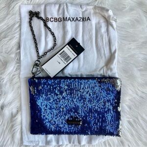 BCBG Navy Royal Blue Silver Sequin Wristlet Clutch Holiday Christmas purse bag